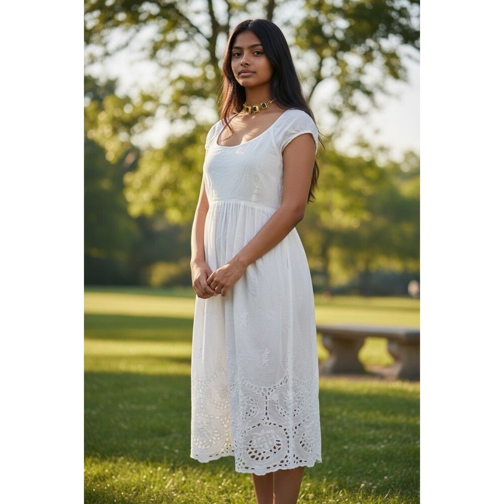 Theory Babydoll Dress Sz 4 Cap Sleeve Eyelet Midi Neutral Minimalist Office Chic